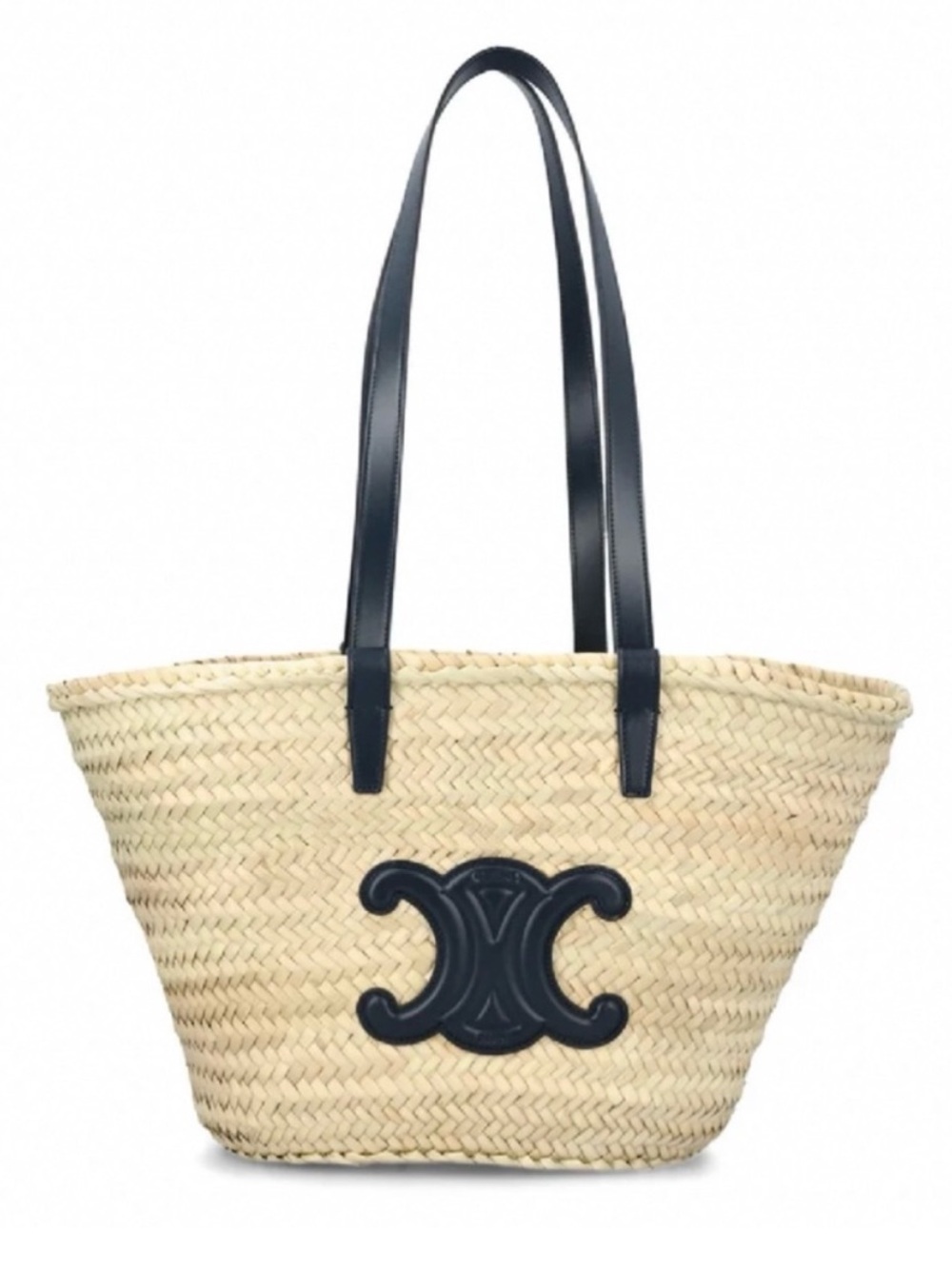 CELINE Triomphe logo leather trimmed raffia tote shoulder bag